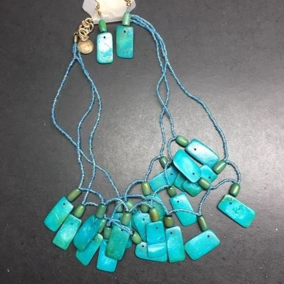 Turquoise Statement Necklace Earrings Silver Green Dangle Pierced Retro BoHo - Picture 2 of 7